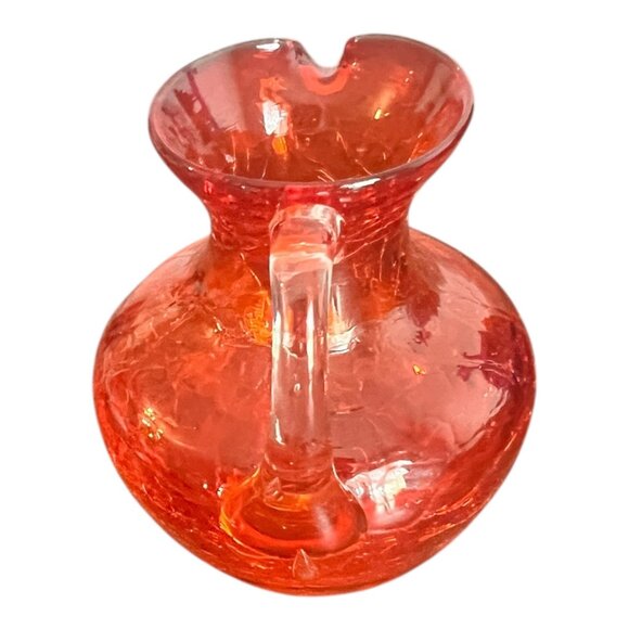 Vintage Crackled Red Art Glass Small Pitcher With Clear Handle And Rim 3.5" Tall - Picture 4 of 6